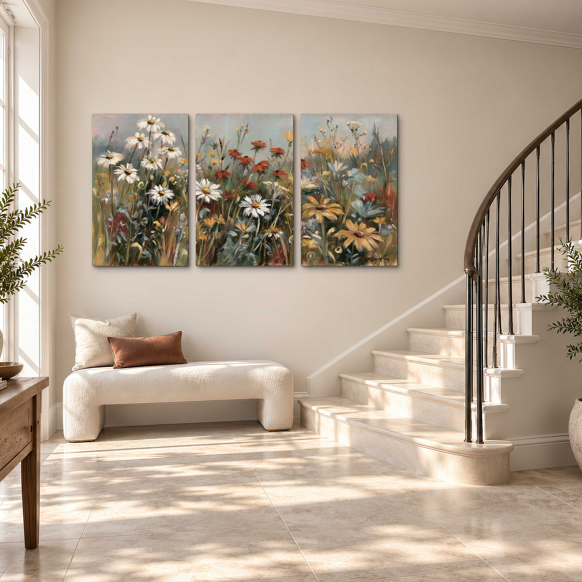 White daisies, rust blooms and long grasses in a softly shadowed meadow 3 piece canvas wall art styled in an interior