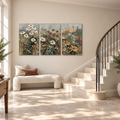 White daisies, rust blooms and long grasses in a softly shadowed meadow 3 piece canvas wall art styled in an interior