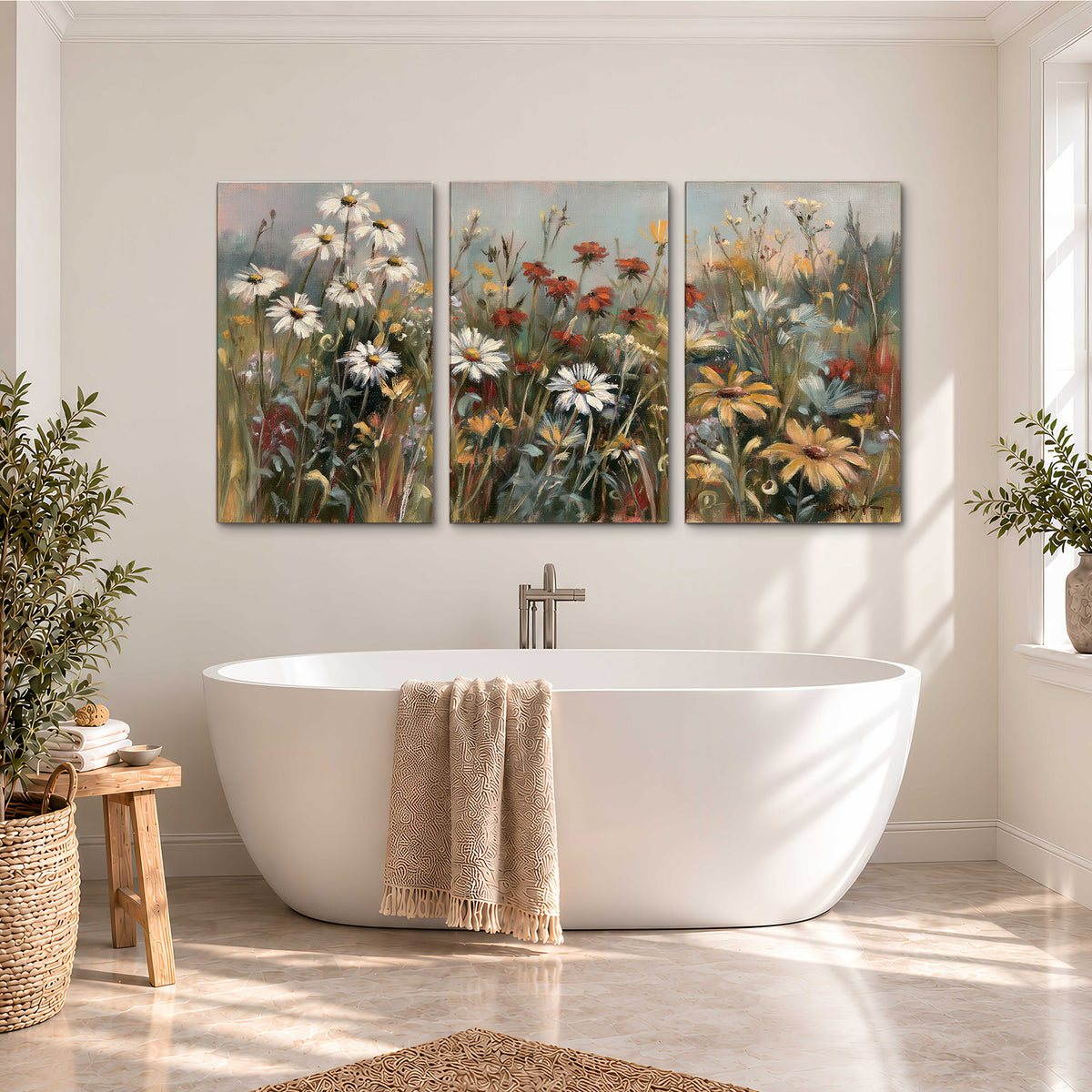 White daisies, rust blooms and long grasses in a softly shadowed meadow 3 piece canvas wall art styled in an interior