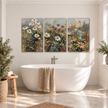 White daisies, rust blooms and long grasses in a softly shadowed meadow 3 piece canvas wall art styled in an interior