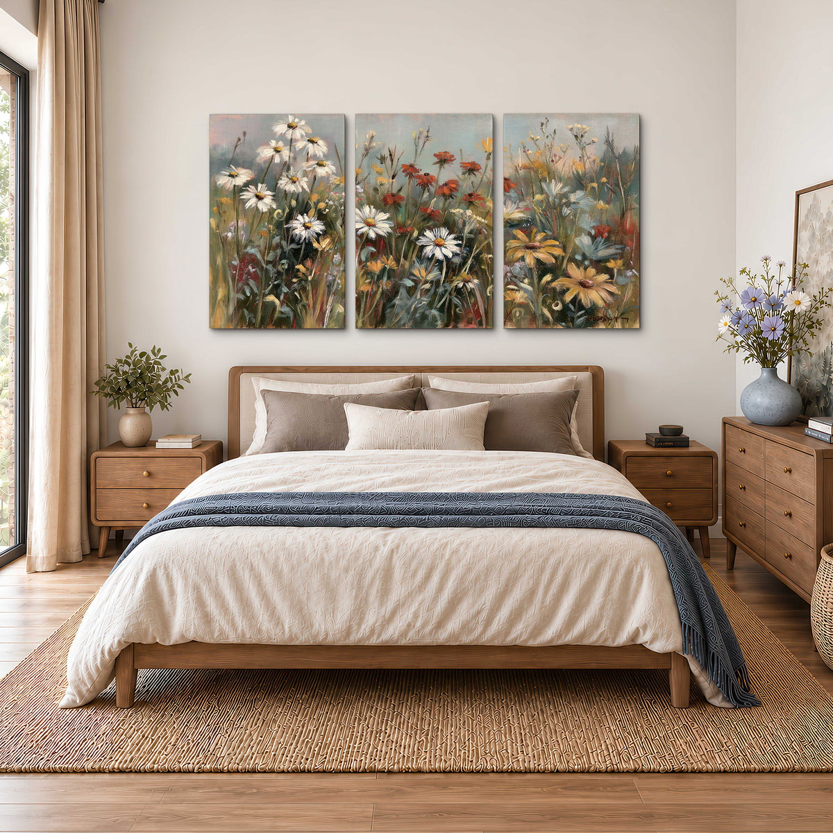 White daisies, rust blooms and long grasses in a softly shadowed meadow 3 piece canvas wall art styled in an interior