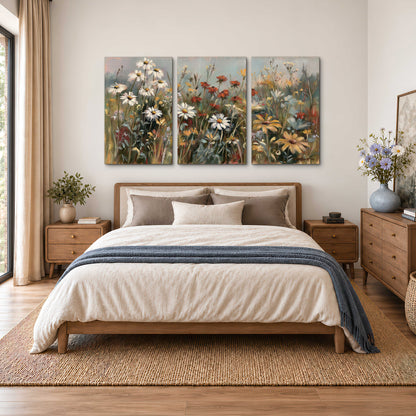 White daisies, rust blooms and long grasses in a softly shadowed meadow 3 piece canvas wall art styled in an interior
