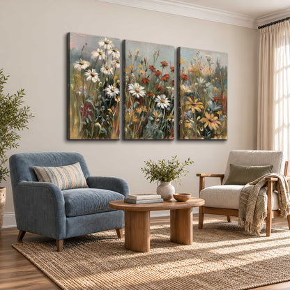 White daisies, rust blooms and long grasses in a softly shadowed meadow 3 piece canvas wall art styled in an interior