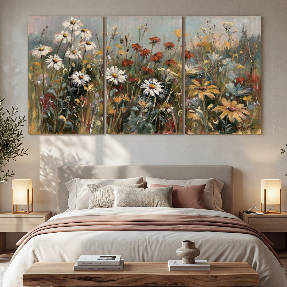 White daisies, rust blooms and long grasses in a softly shadowed meadow 3 piece canvas wall art displayed in a bedroom