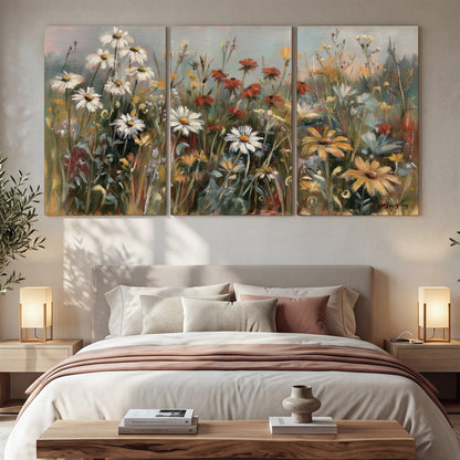 White daisies, rust blooms and long grasses in a softly shadowed meadow 3 piece canvas wall art displayed in a bedroom