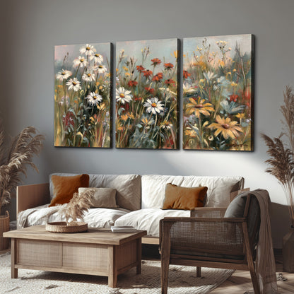 White daisies, rust blooms and long grasses in a softly shadowed meadow 3 piece canvas wall art displayed in a rustic living room