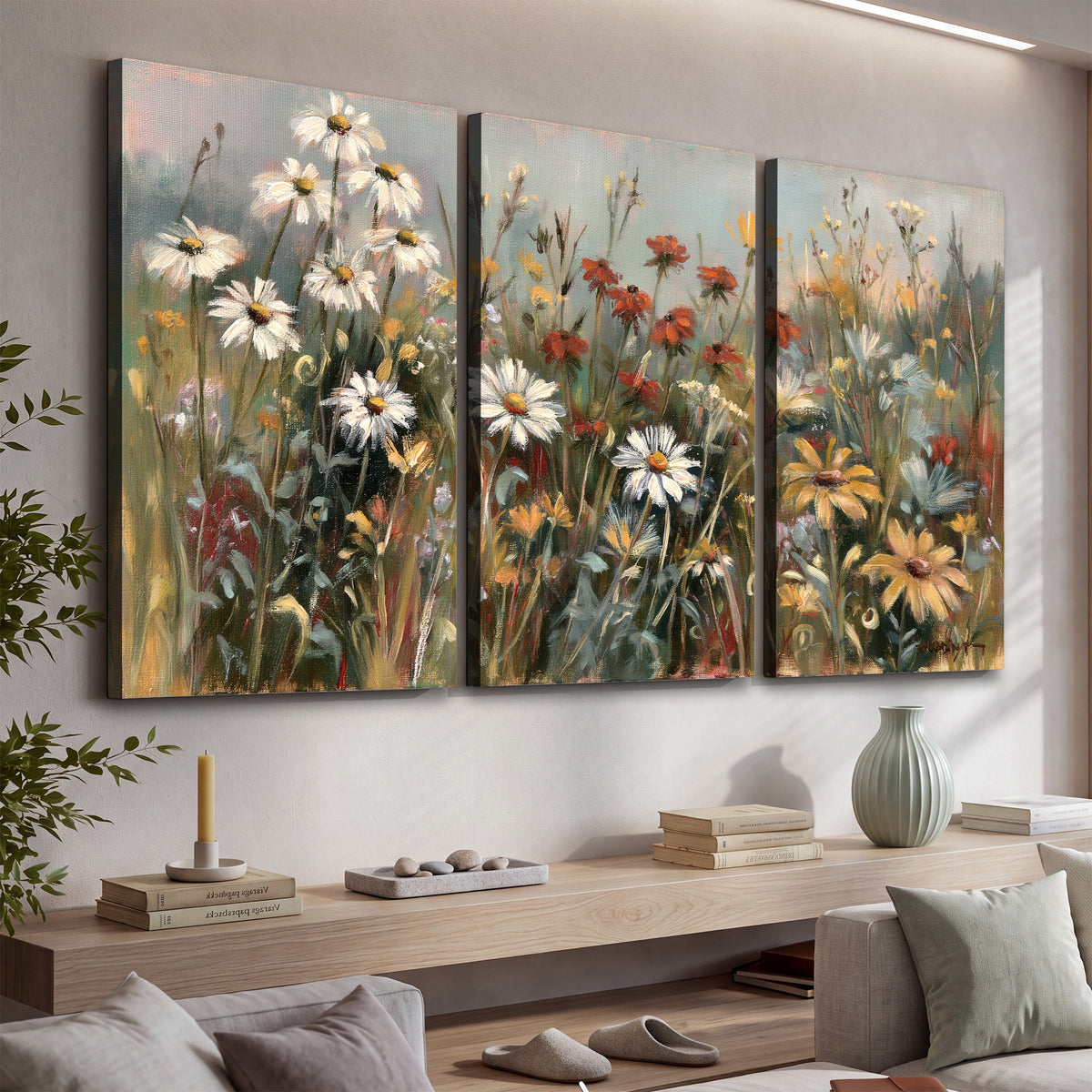 White daisies, rust blooms and long grasses in a softly shadowed meadow 3 piece canvas wall art displayed in a console