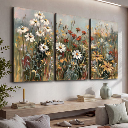 White daisies, rust blooms and long grasses in a softly shadowed meadow 3 piece canvas wall art displayed in a console