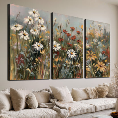 White daisies, rust blooms and long grasses in a softly shadowed meadow 3 piece canvas wall art room and product view