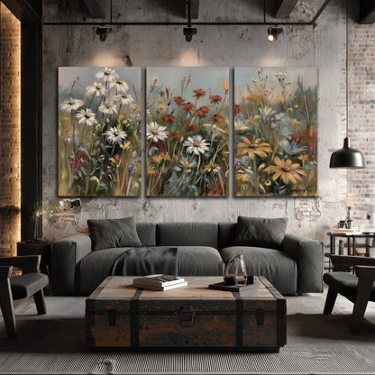 White daisies, rust blooms and long grasses in a softly shadowed meadow 3 piece canvas wall art displayed in a industrial room