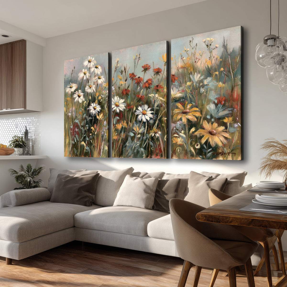 White daisies, rust blooms and long grasses in a softly shadowed meadow 3 piece canvas wall art room and product view