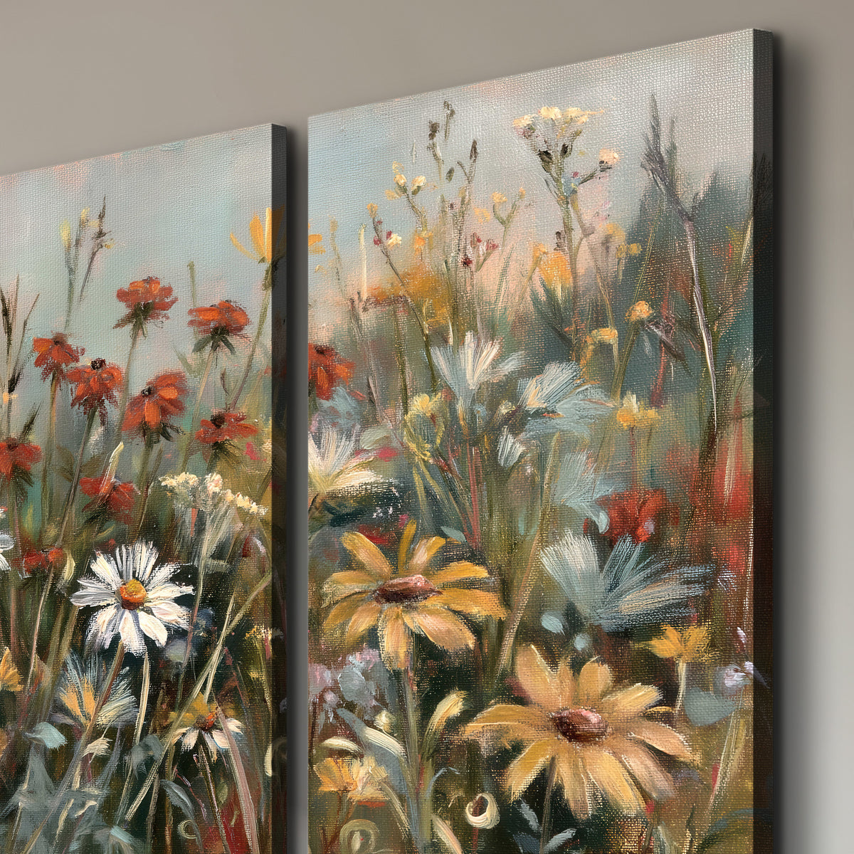 White daisies, rust blooms and long grasses in a softly shadowed meadow 3 piece canvas wall art room and product view
