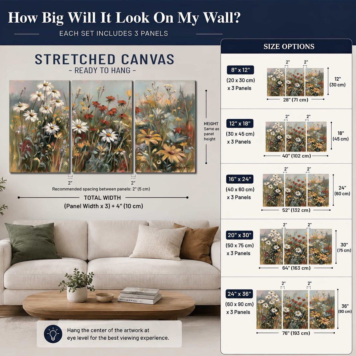 White daisies, rust blooms and long grasses in a softly shadowed meadow 3 piece canvas wall art size guide above a sofa; room view is illustrative