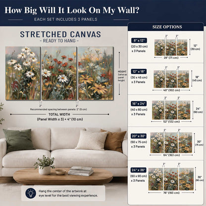 White daisies, rust blooms and long grasses in a softly shadowed meadow 3 piece canvas wall art size guide above a sofa; room view is illustrative