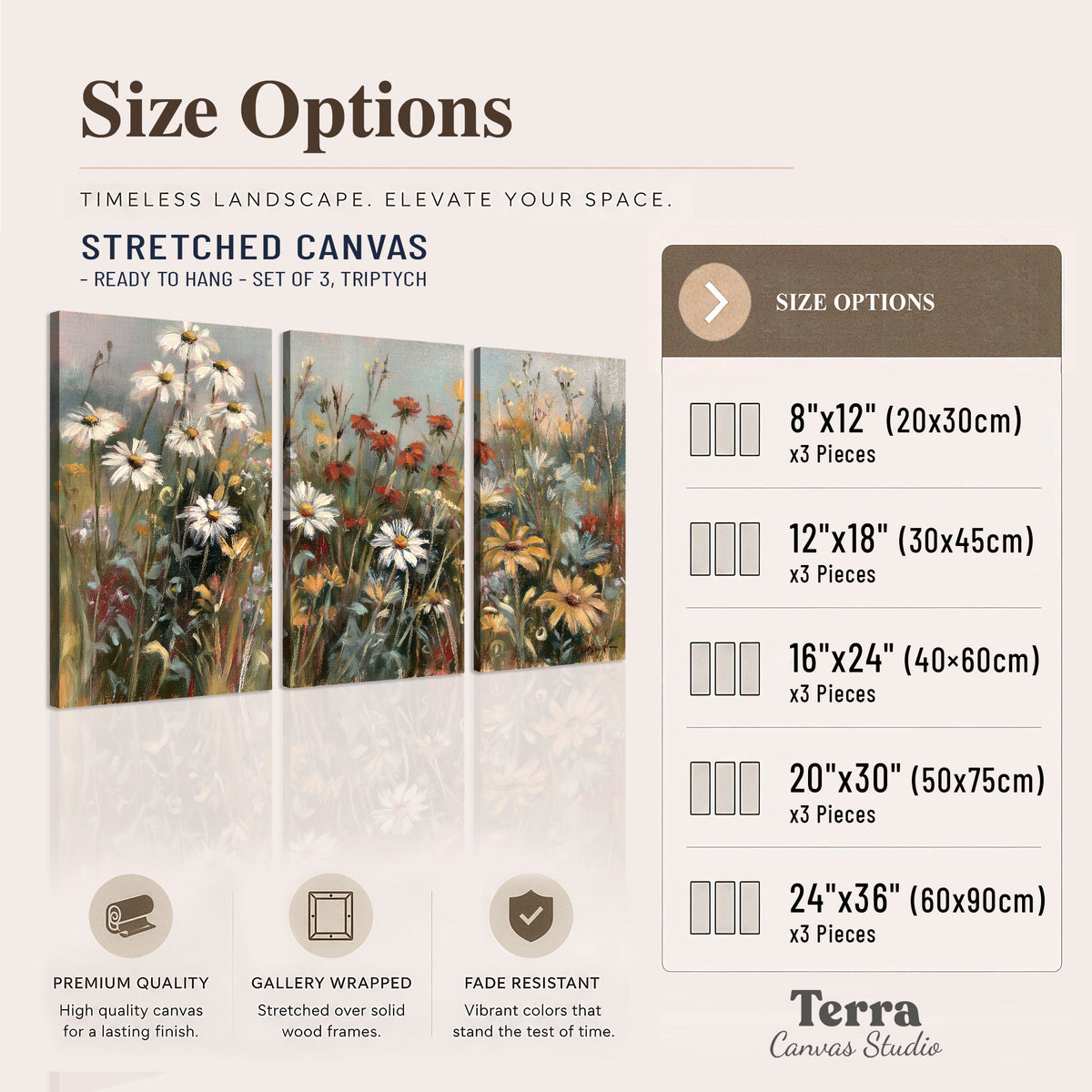 White daisies, rust blooms and long grasses in a softly shadowed meadow 3 piece canvas wall art available dimensions; triptych dimensions are per panel