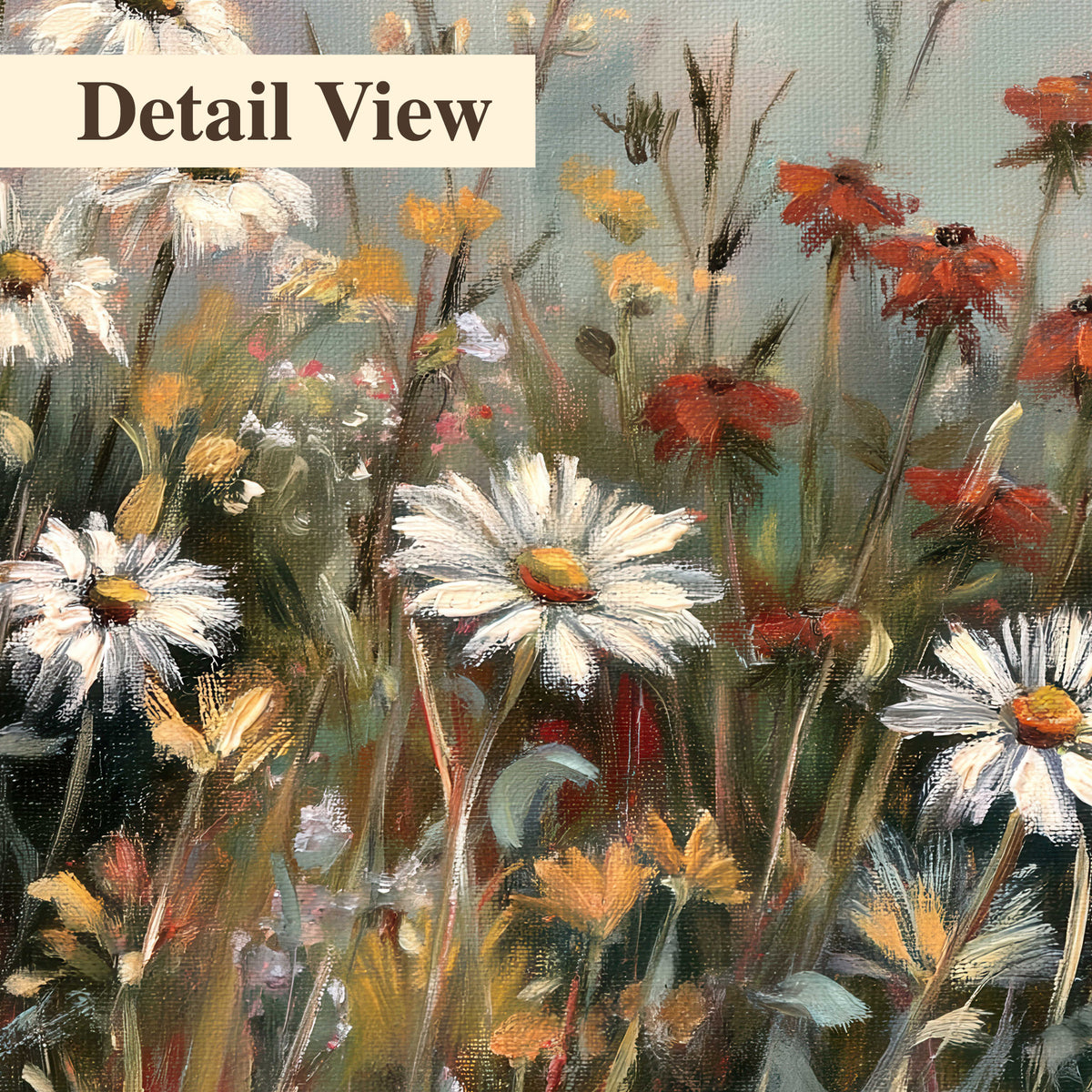 White daisies, rust blooms and long grasses in a softly shadowed meadow 3 piece canvas wall art artwork detail close up