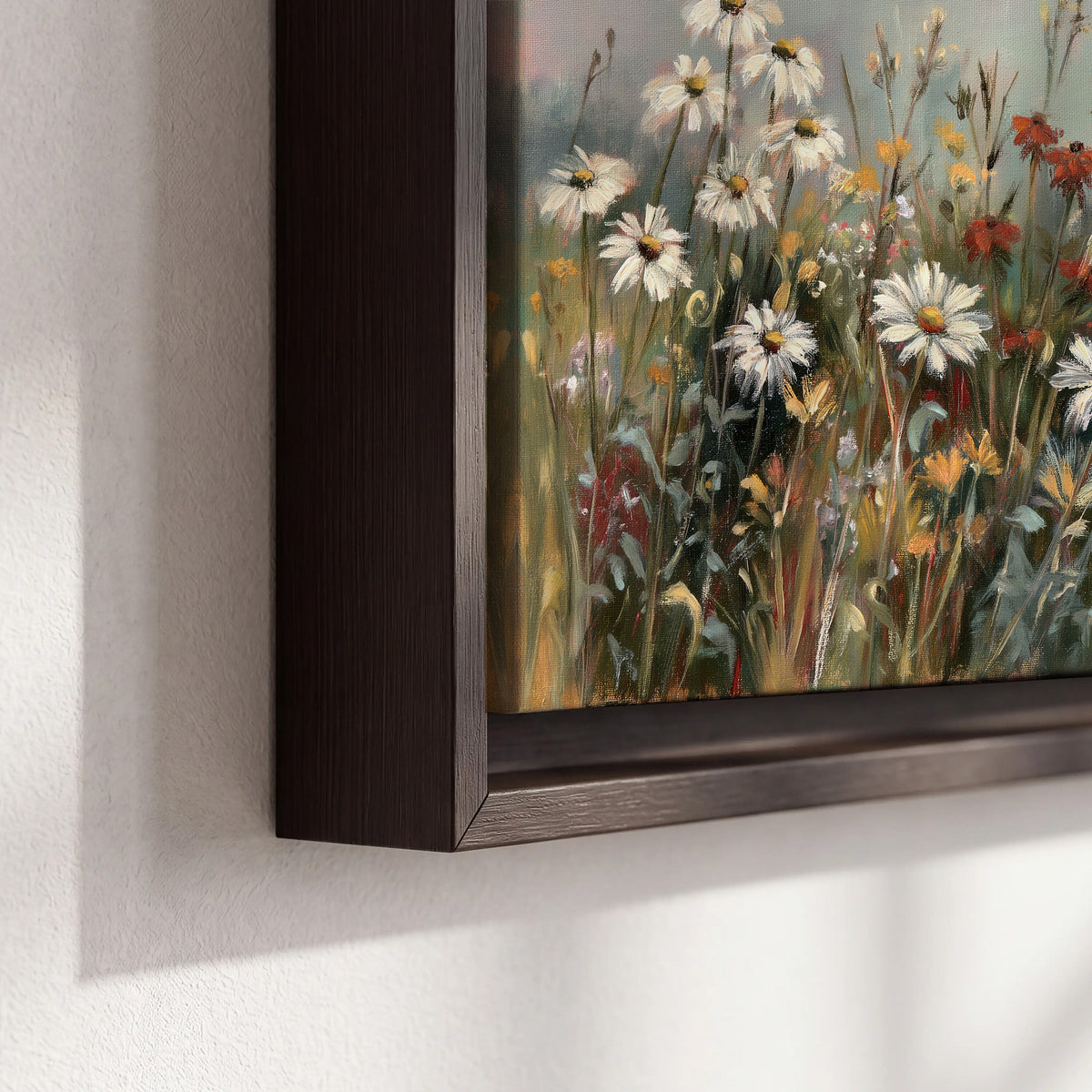 White daisies, rust blooms and long grasses in a softly shadowed meadow 3 piece framed canvas wall art material and edge close up