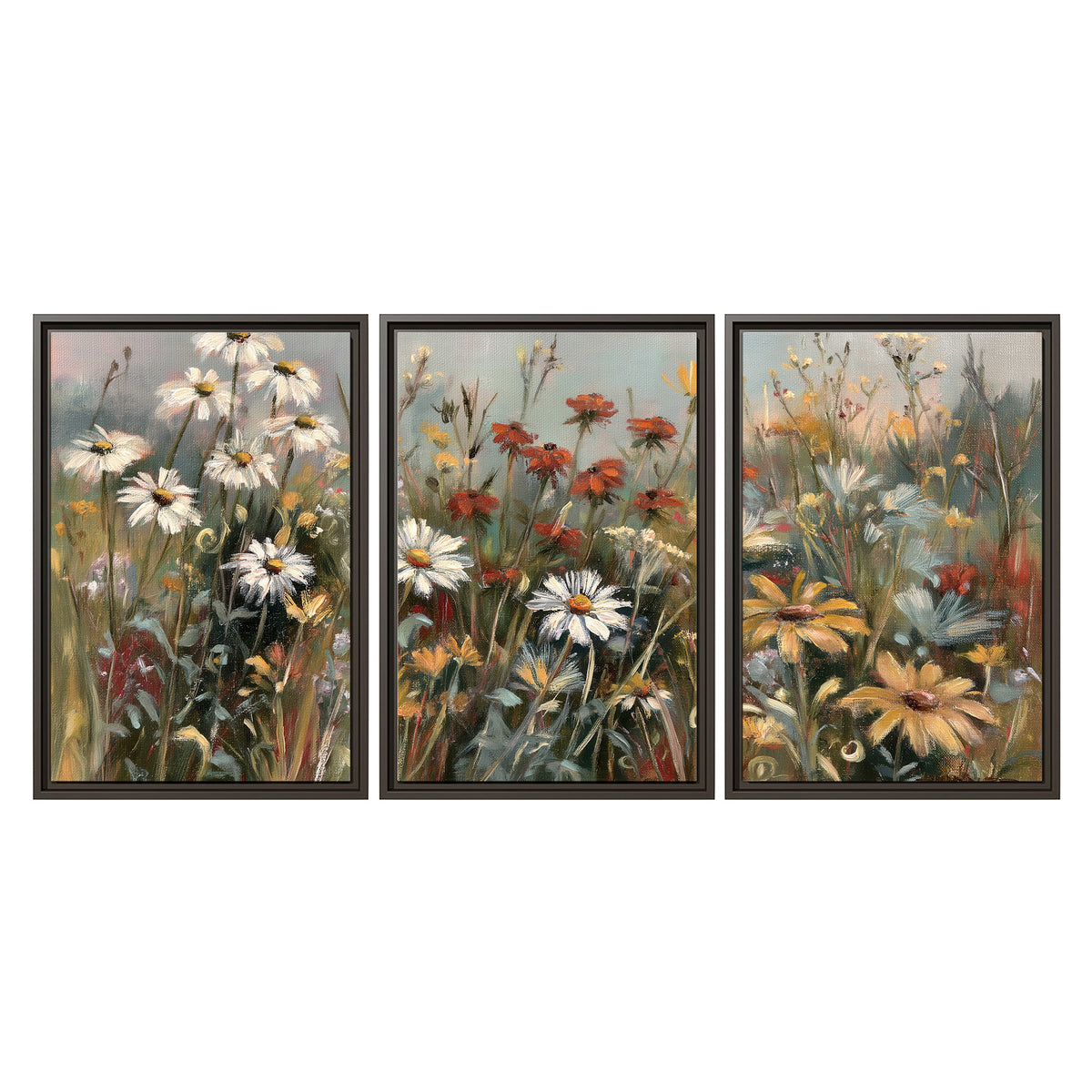 White daisies, rust blooms and long grasses in a softly shadowed meadow 3 piece framed canvas wall art viewed straight on