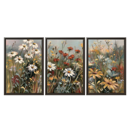 White daisies, rust blooms and long grasses in a softly shadowed meadow 3 piece framed canvas wall art viewed straight on