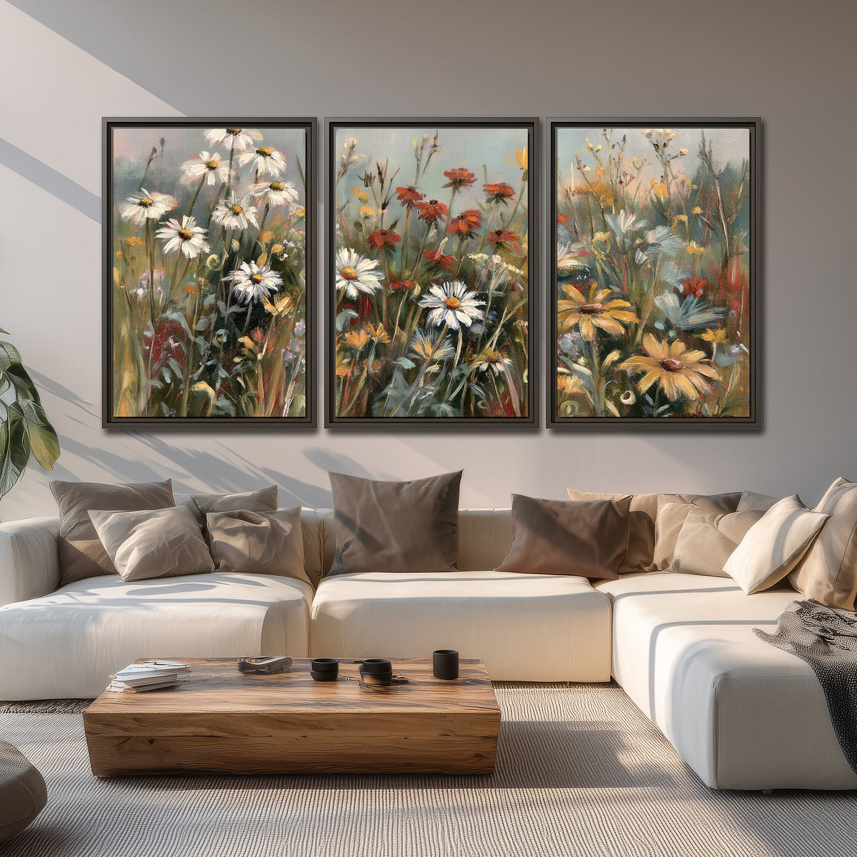 White daisies, rust blooms and long grasses in a softly shadowed meadow 3 piece framed canvas wall art displayed in a living room