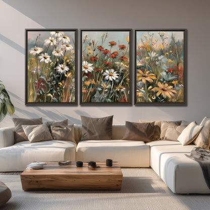 White daisies, rust blooms and long grasses in a softly shadowed meadow 3 piece framed canvas wall art displayed in a living room