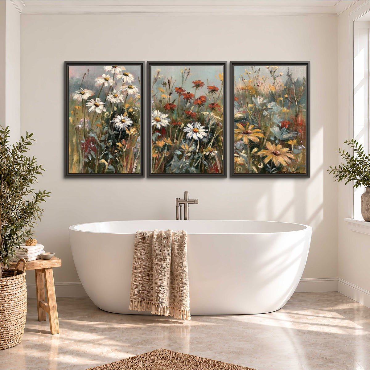 White daisies, rust blooms and long grasses in a softly shadowed meadow 3 piece framed canvas wall art styled in an interior