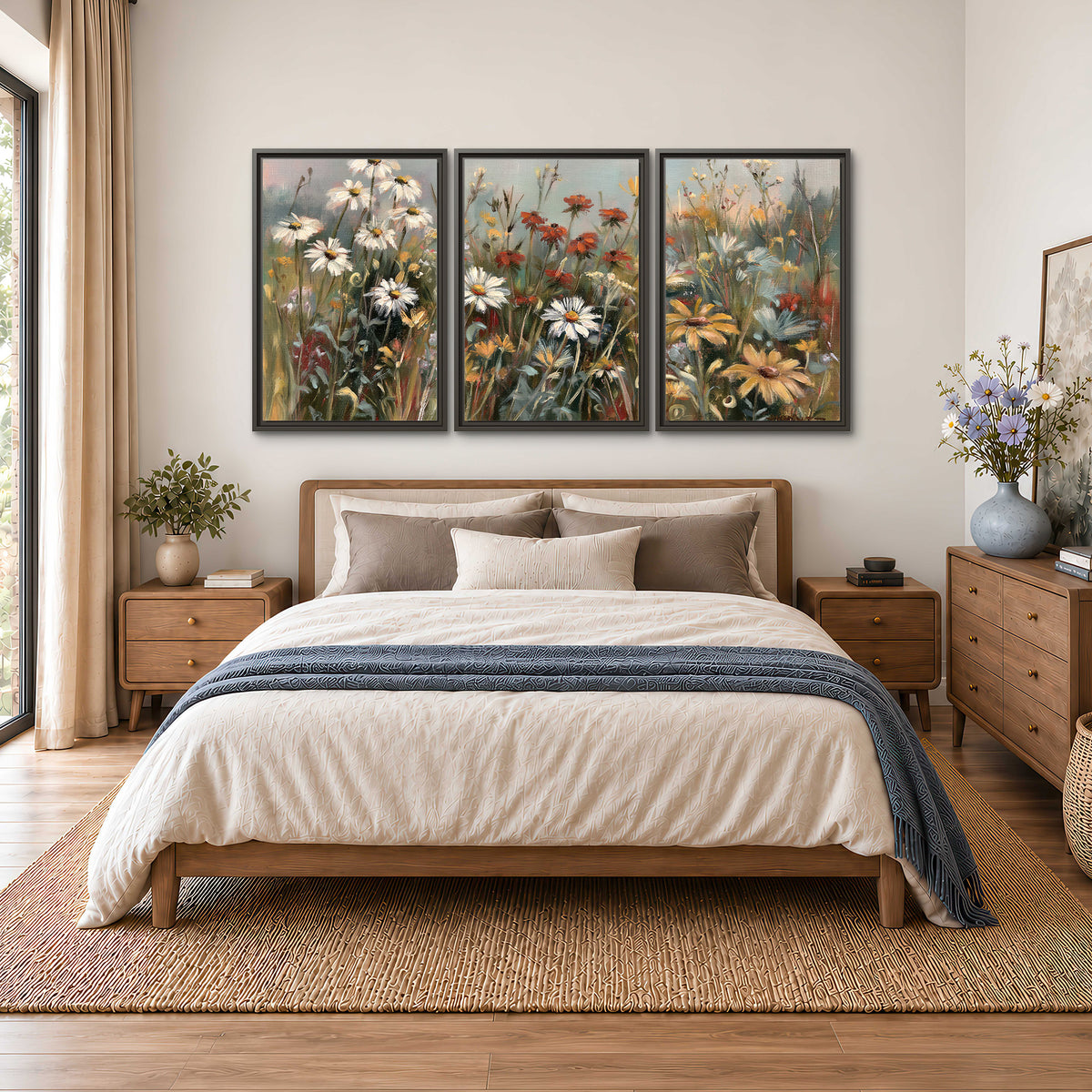 White daisies, rust blooms and long grasses in a softly shadowed meadow 3 piece framed canvas wall art styled in an interior