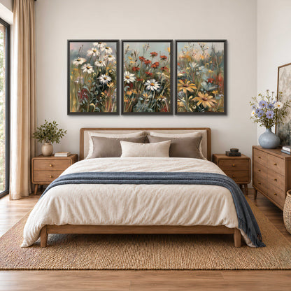 White daisies, rust blooms and long grasses in a softly shadowed meadow 3 piece framed canvas wall art styled in an interior