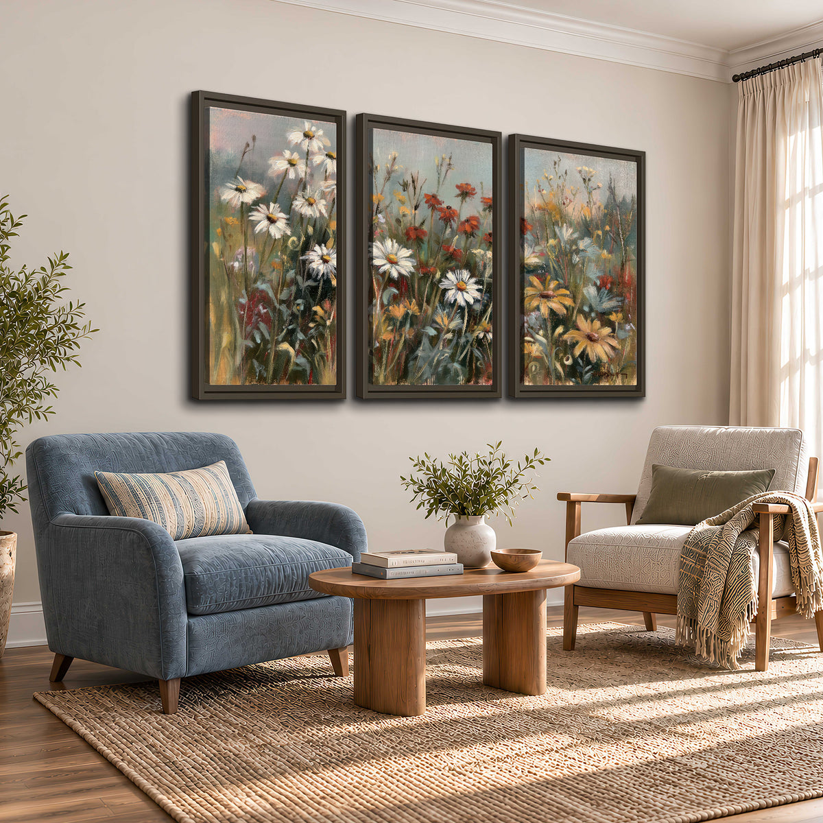 White daisies, rust blooms and long grasses in a softly shadowed meadow 3 piece framed canvas wall art styled in an interior