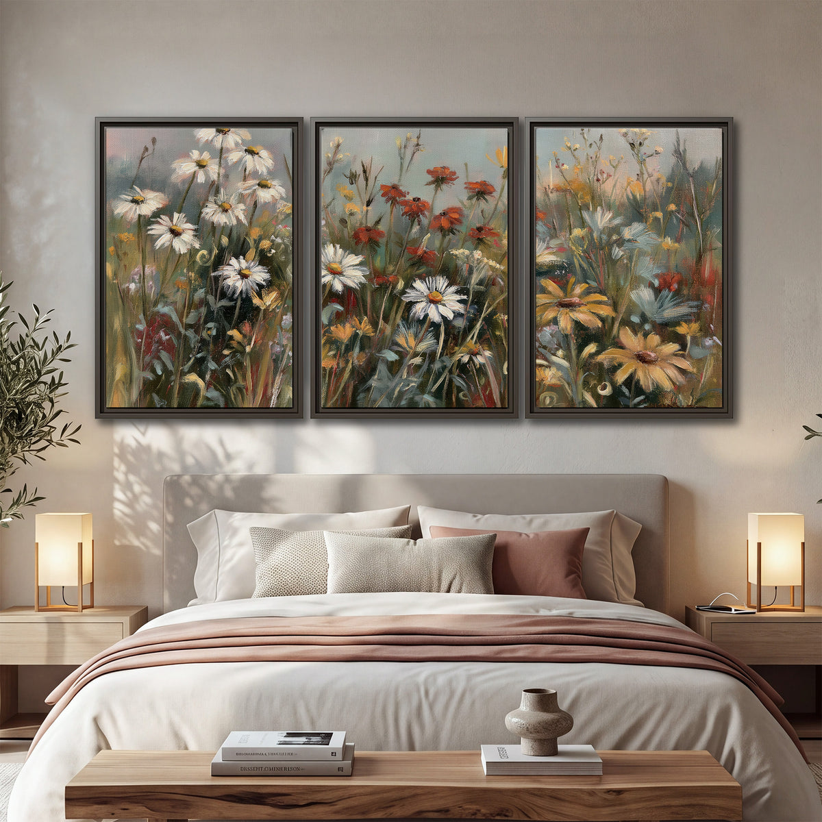 White daisies, rust blooms and long grasses in a softly shadowed meadow 3 piece framed canvas wall art displayed in a bedroom