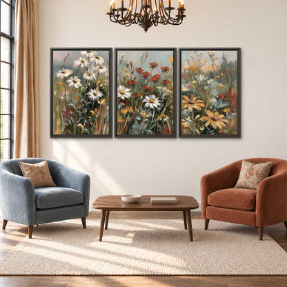 White daisies, rust blooms and long grasses in a softly shadowed meadow 3 piece framed canvas wall art styled in an interior