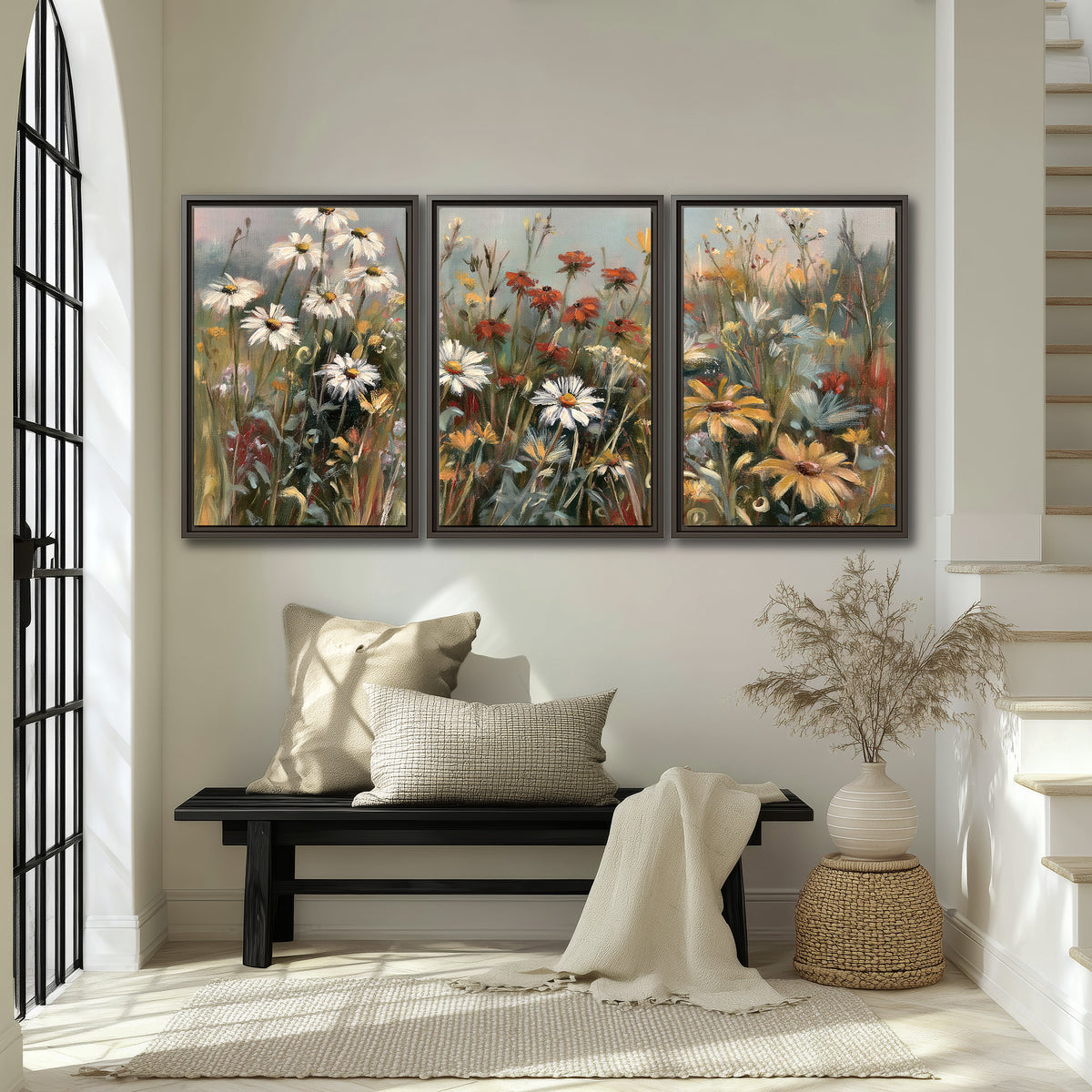 White daisies, rust blooms and long grasses in a softly shadowed meadow 3 piece framed canvas wall art displayed in a entryway