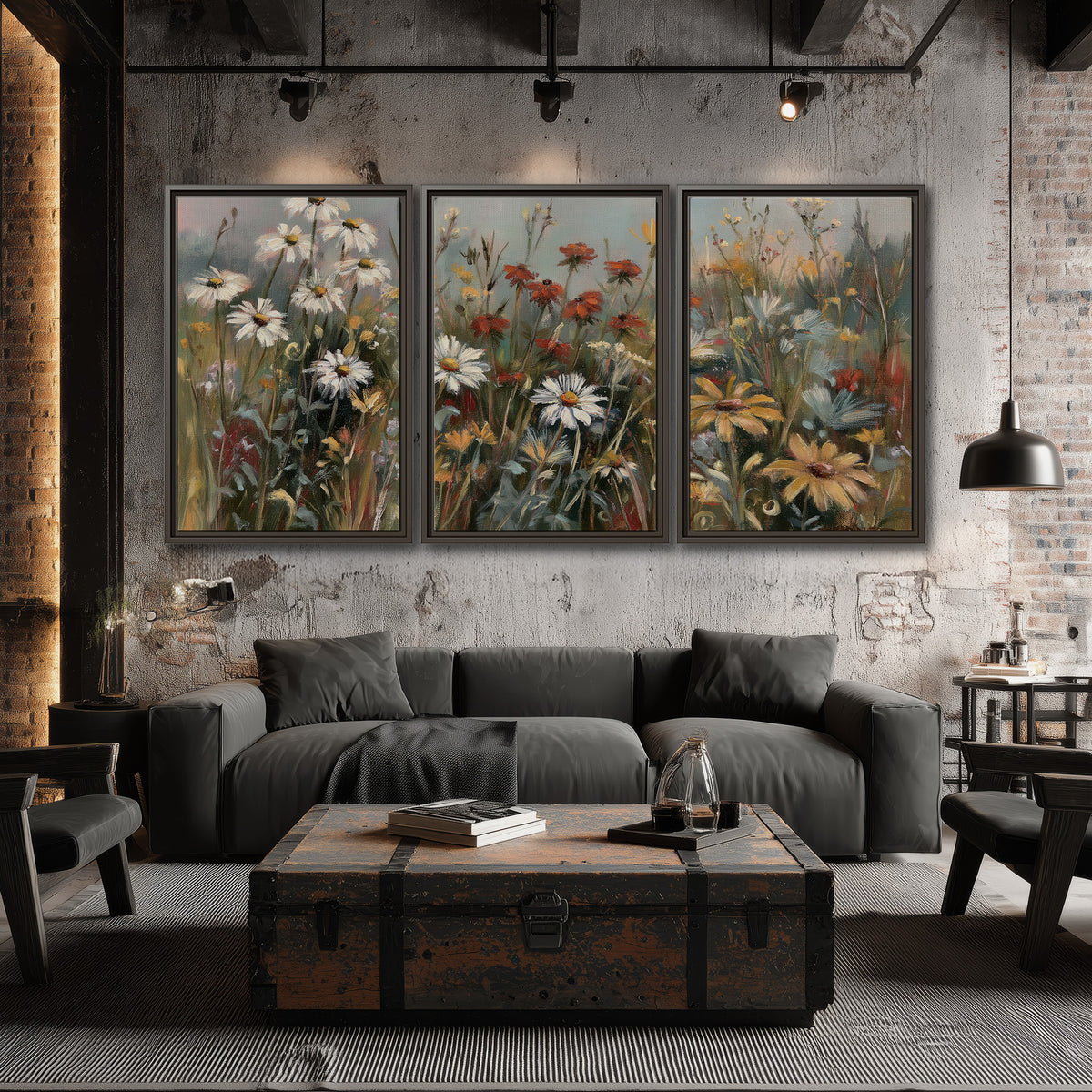 White daisies, rust blooms and long grasses in a softly shadowed meadow 3 piece framed canvas wall art displayed in a industrial room