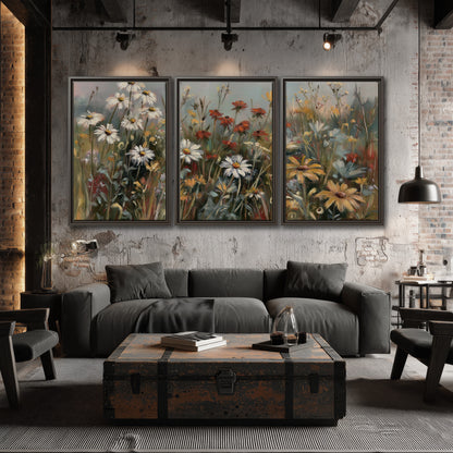 White daisies, rust blooms and long grasses in a softly shadowed meadow 3 piece framed canvas wall art displayed in a industrial room