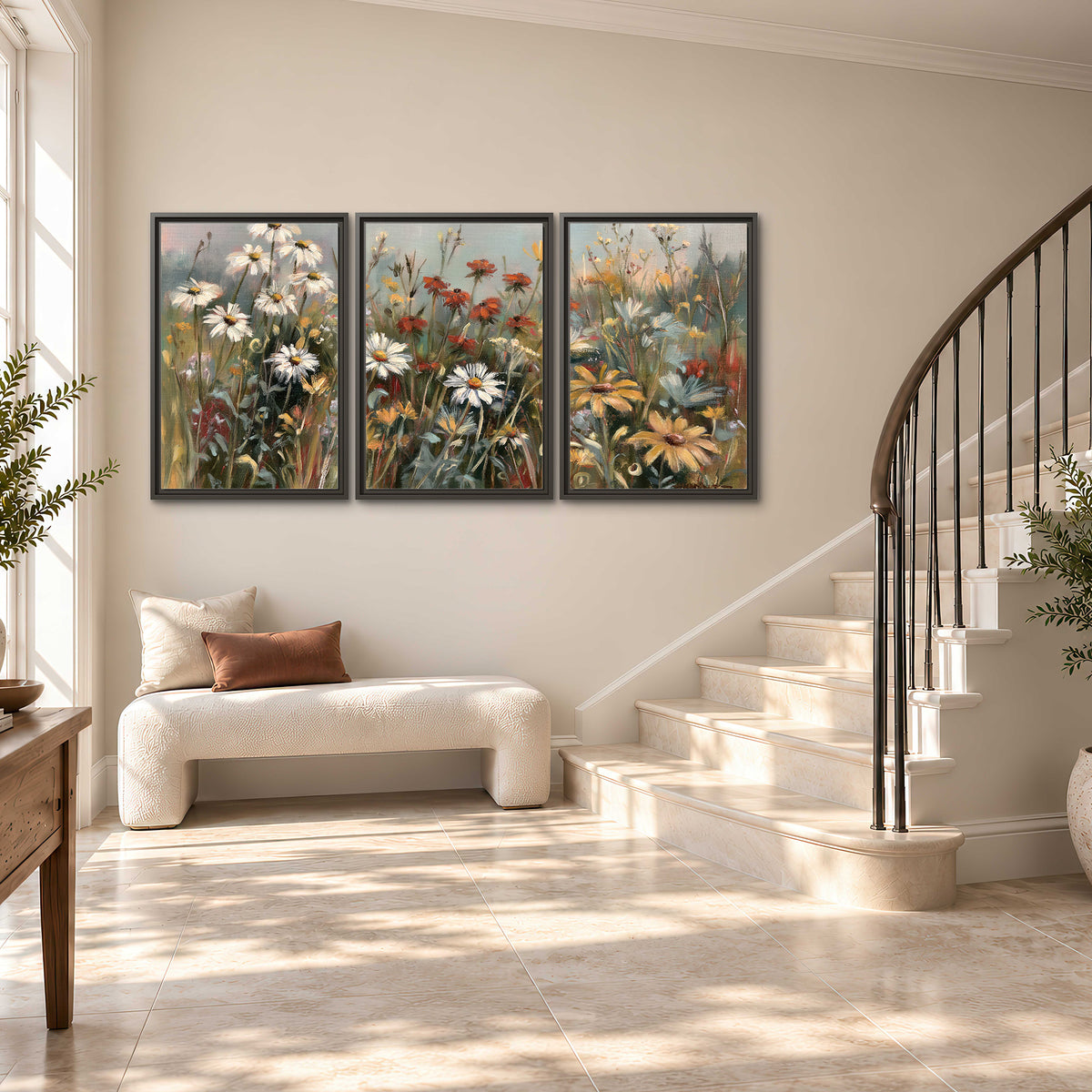 White daisies, rust blooms and long grasses in a softly shadowed meadow 3 piece framed canvas wall art styled in an interior