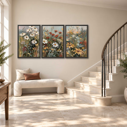 White daisies, rust blooms and long grasses in a softly shadowed meadow 3 piece framed canvas wall art styled in an interior