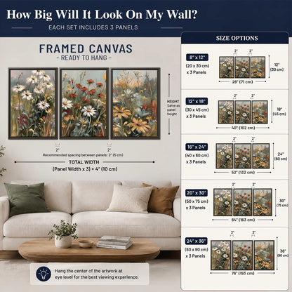 White daisies, rust blooms and long grasses in a softly shadowed meadow 3 piece framed canvas wall art size guide above a sofa; room view is illustrative
