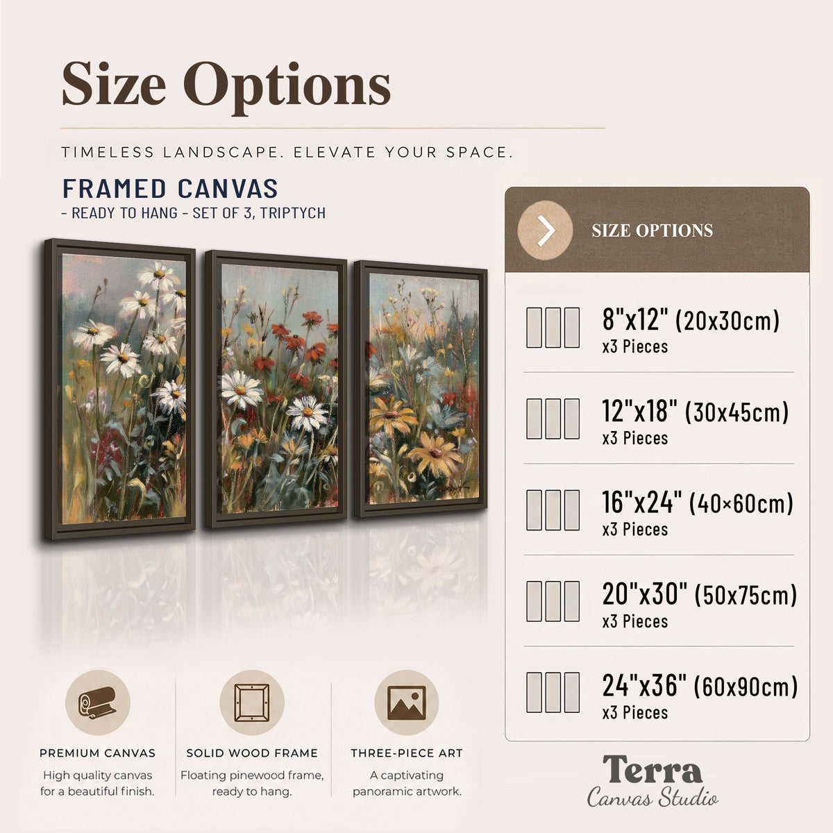 White daisies, rust blooms and long grasses in a softly shadowed meadow 3 piece framed canvas wall art available dimensions; triptych dimensions are per panel