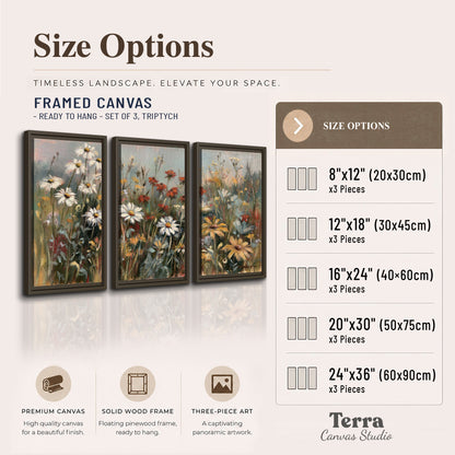 White daisies, rust blooms and long grasses in a softly shadowed meadow 3 piece framed canvas wall art available dimensions; triptych dimensions are per panel