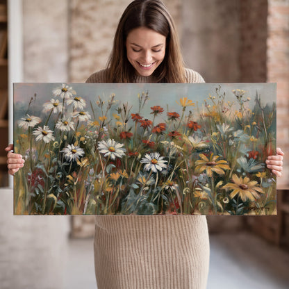 White daisies, rust blooms and long grasses in a softly shadowed meadow single canvas wall art held in hands