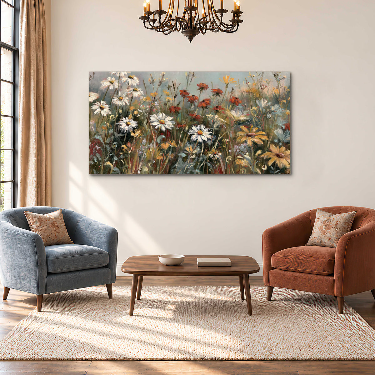 White daisies, rust blooms and long grasses in a softly shadowed meadow single canvas wall art styled in an interior