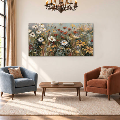 White daisies, rust blooms and long grasses in a softly shadowed meadow single canvas wall art styled in an interior