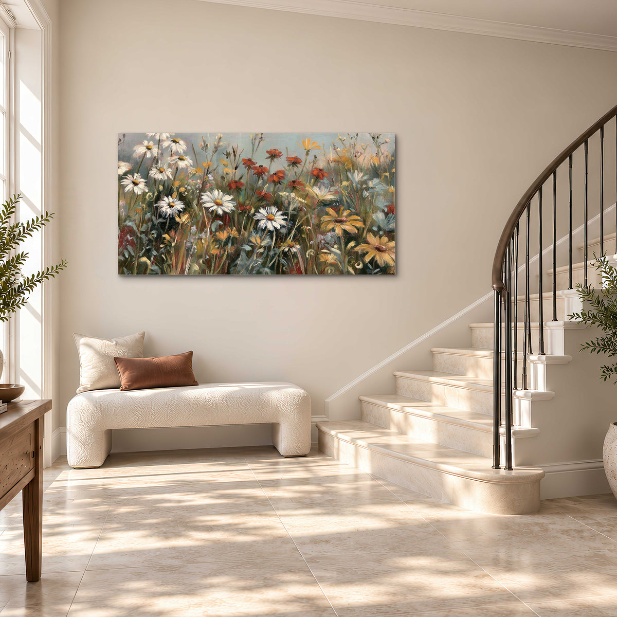 White daisies, rust blooms and long grasses in a softly shadowed meadow single canvas wall art styled in an interior