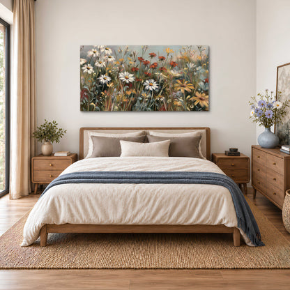 White daisies, rust blooms and long grasses in a softly shadowed meadow single canvas wall art styled in an interior
