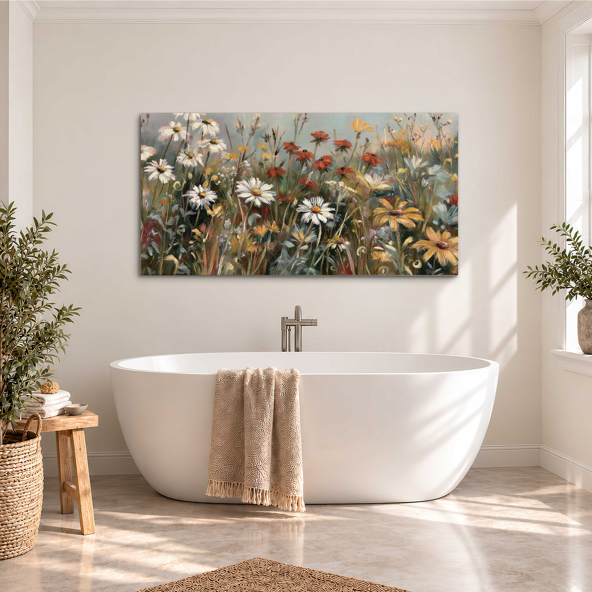 White daisies, rust blooms and long grasses in a softly shadowed meadow single canvas wall art styled in an interior