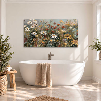 White daisies, rust blooms and long grasses in a softly shadowed meadow single canvas wall art styled in an interior