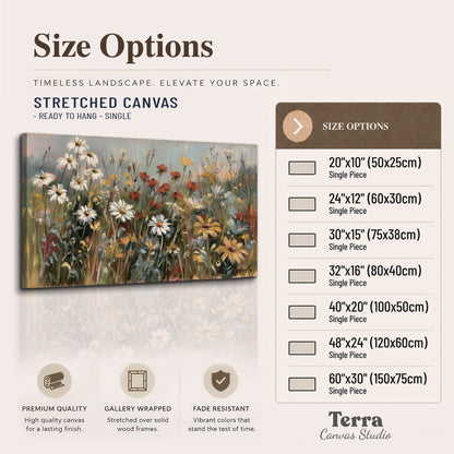 White daisies, rust blooms and long grasses in a softly shadowed meadow single canvas wall art available dimensions
