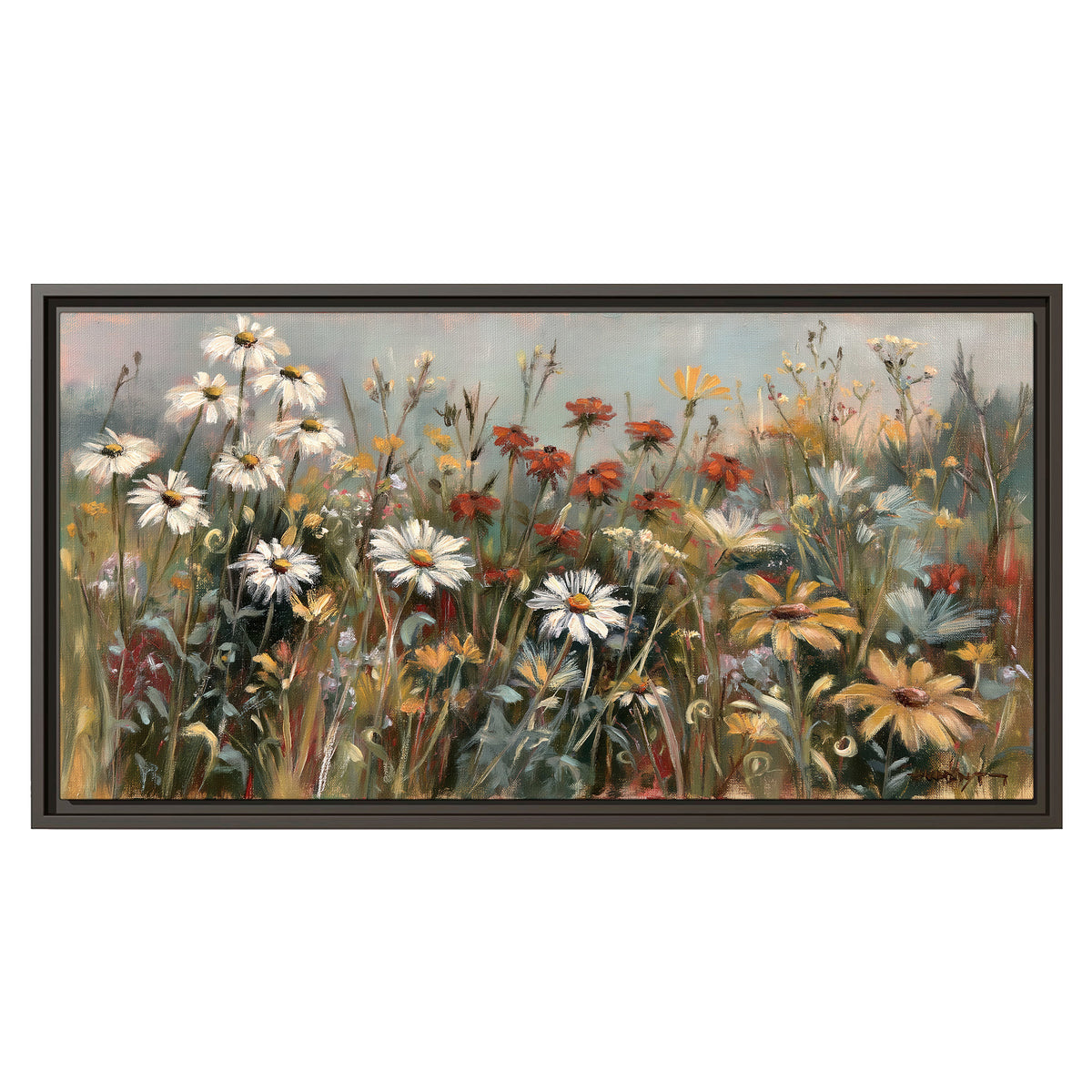White daisies, rust blooms and long grasses in a softly shadowed meadow single framed canvas wall art viewed straight on