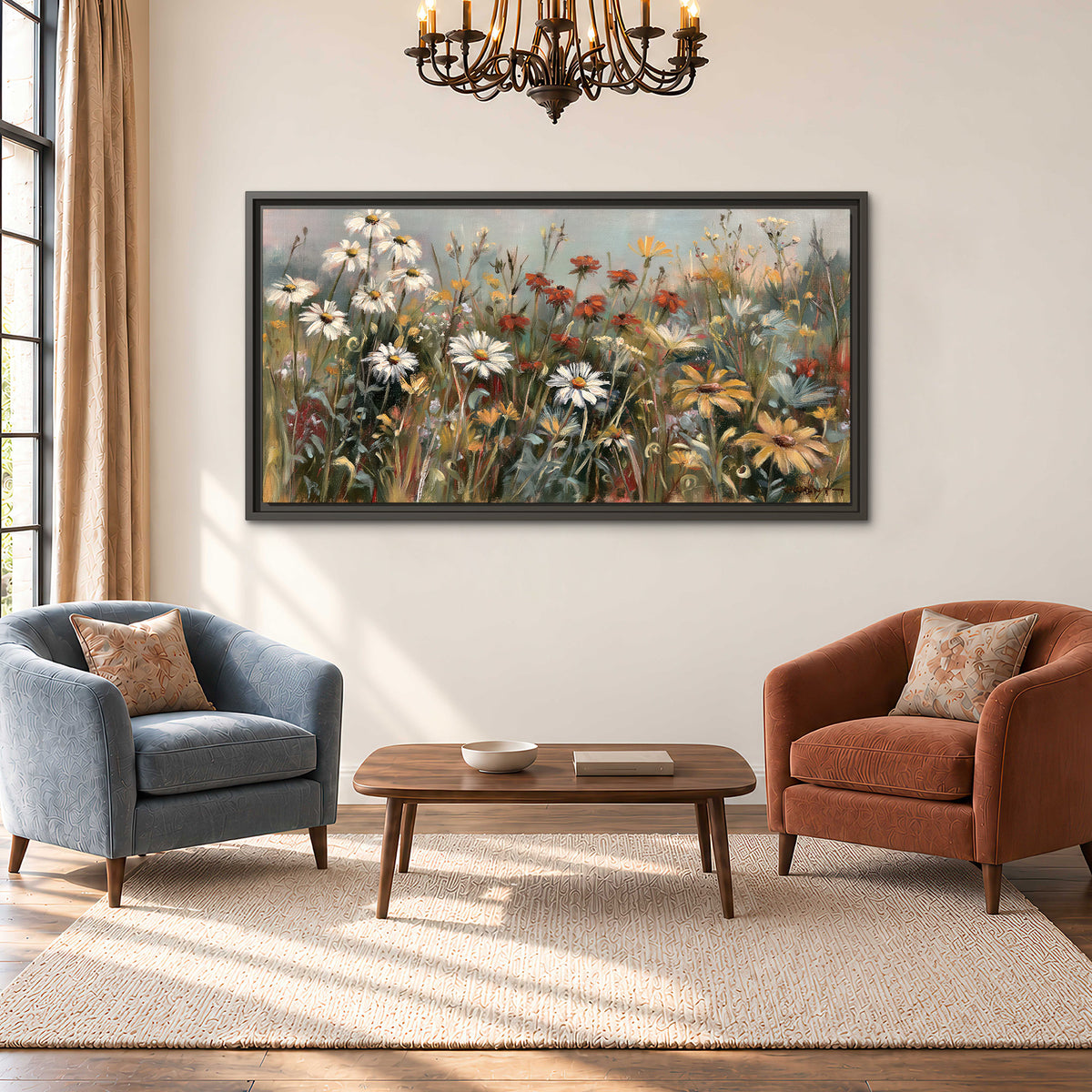 White daisies, rust blooms and long grasses in a softly shadowed meadow single framed canvas wall art styled in an interior