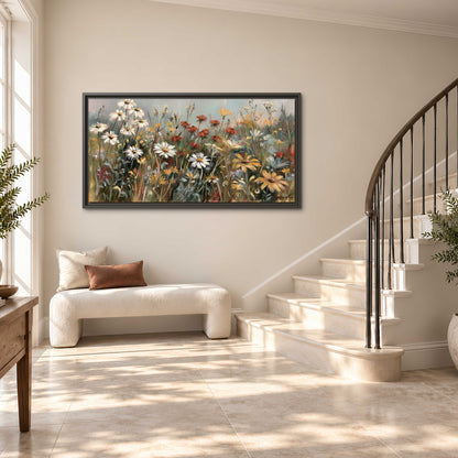 White daisies, rust blooms and long grasses in a softly shadowed meadow single framed canvas wall art styled in an interior